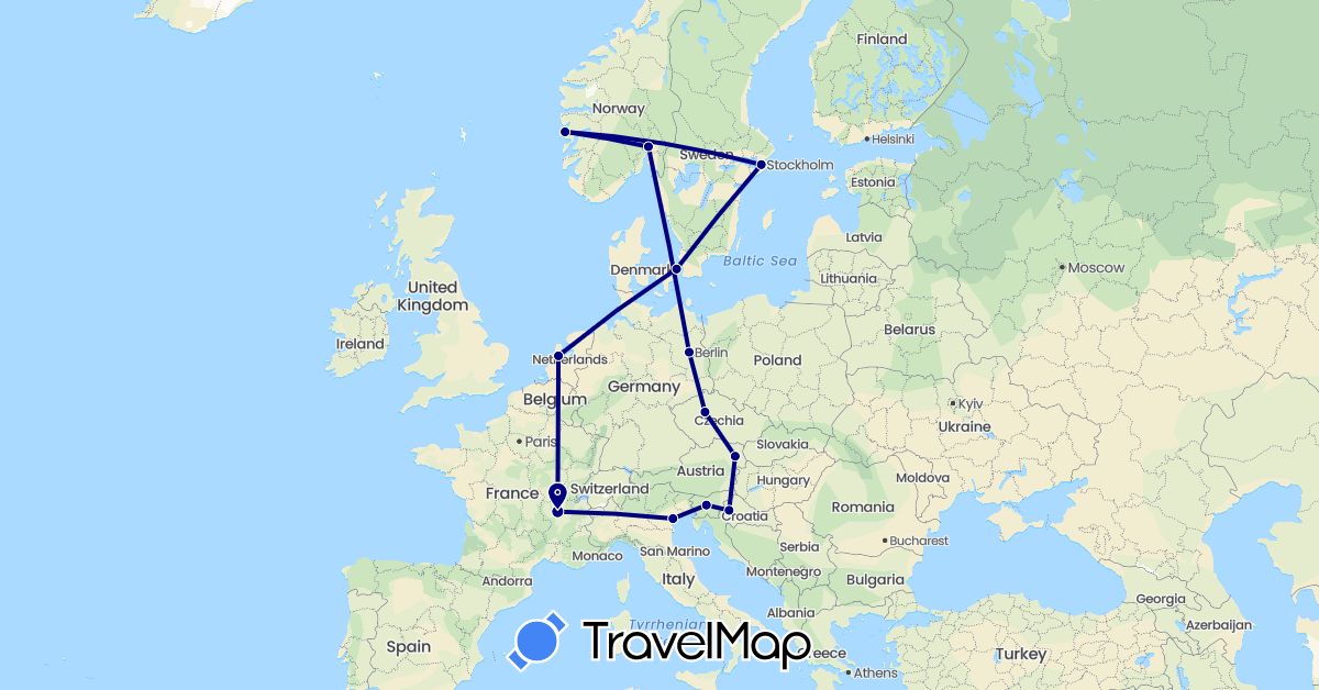 TravelMap itinerary: driving in Austria, Czech Republic, Germany, Denmark, France, Croatia, Italy, Netherlands, Norway, Sweden, Slovenia (Europe)